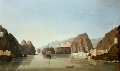 イギリスのフリゲート艦が停泊している港からのマスカット、R。テンプル中尉によるペルシャ湾の16の場所の場所からの引用、1813年公開（アクアチント） 作： English School