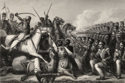 1857年に発行された「インディアン反乱の歴史」からの1857年のカウンポアの戦いで歩兵広場を攻撃する反逆騎兵 作： English School