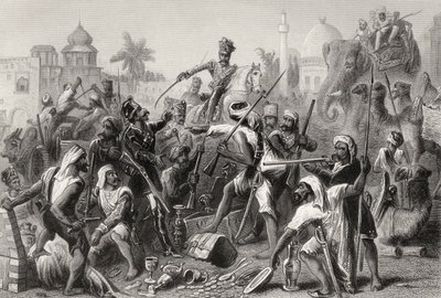 1858年に出版された「インディアン反乱の歴史」からの戦利品を分割する反抗的なセポイ 作： English School