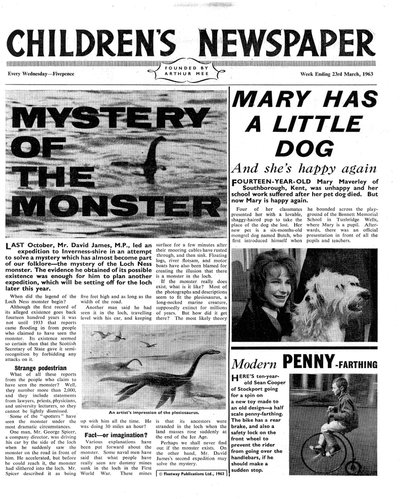 モンスターの謎、1963年3月、「The Children&39;s Newspaper」のフロントページ（新聞） 作： English School
