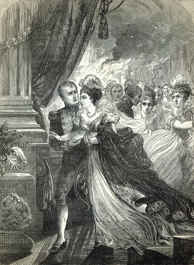 1810年7月1日、皇帝夫婦の結婚を記念してオーストリア大使から出されたボールで火から逃れたナポレオンとマリールイーズ 作： English School