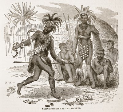 ネイティブソーサラーとレインメーカー、J。ユーイングリッチーのパブリッシュによる「Pictorial Edition of the Life and Discoveries of David Livingstone」のイラストA. Fullarton＆Co.、1876年 作： English School