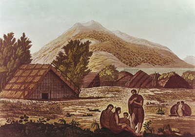 F.フマガッリによって彫刻された先住民、小屋と山の背後（色の彫刻） 作： English School