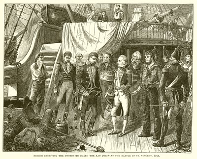 1797年のセントビンセントの戦いでサンジョセフの剣を受け取ったネルソン 作： English School