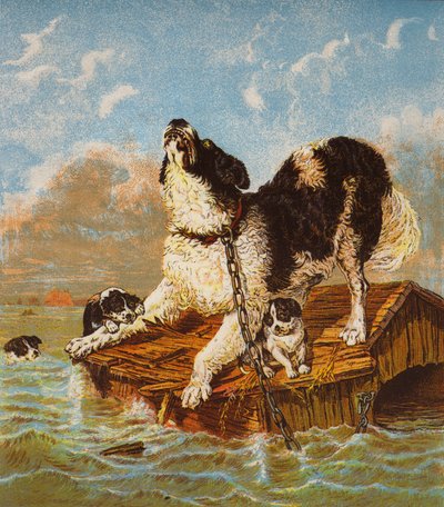 ニューファンドランド犬と子犬たちの危機（カラーリトグラフ） 作： English School