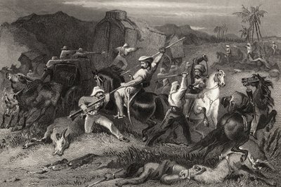 1858年に発行された「インディアン反乱の歴史」からの夜の出撃と手荷物ワゴンへの攻撃 作： English School