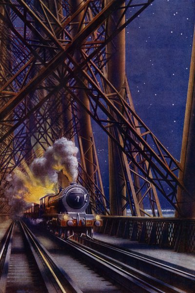スコットランド、フォース橋を渡る夜行列車（カラーリソ） 作： English School
