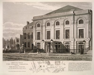 1814年のグレートサリーストリート、オベリスク近くのサリーシアター、旧ロイヤルサーカスの北東ビュー 作： English School