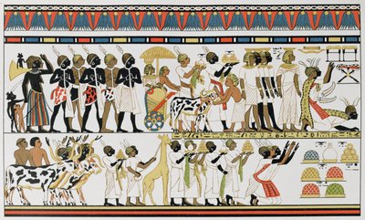 エジプトの王にプレゼントをもたらすヌビアの首長、テベスの墓からの古代エジプトの壁画のコピー、紀元前1380年頃、フリードリッヒラッツェル教授による人類の歴史、第III巻、1898年 作： English School
