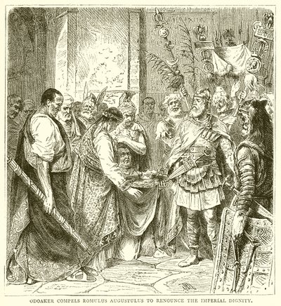 Odoakerは、Romulus Augustulusに帝国の尊厳を放棄するよう強いる 作： English School