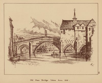 1809年に撤去されたオールド・ウーズ橋（リトグラフ） 作： English School