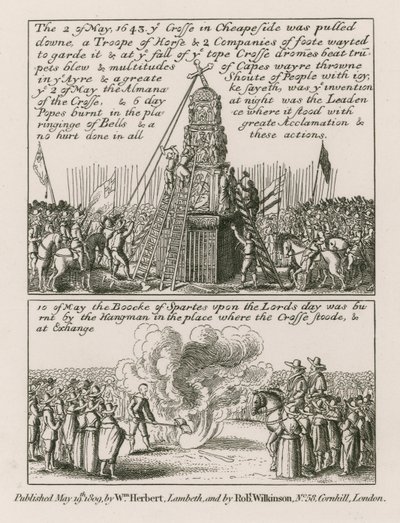 1643年5月2日、ロンドンのチープサイドにある十字架が引き下げられました。 作： English School