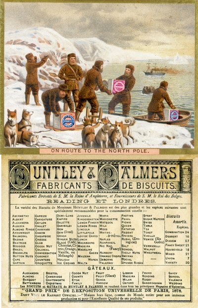 北極への道のり、1890年フランス市場向けに製造されたHuntley＆Palmers Biscuitsのプロモーションカードの表と裏 作： English School