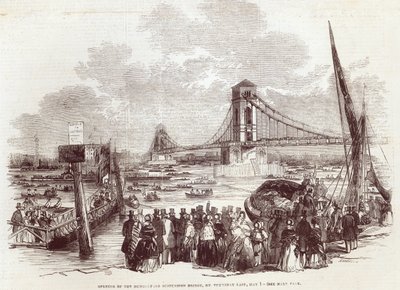 ハンガーフォード吊り橋の開通、「The Illustrated London News」（1845年5月3日）より 作： English School
