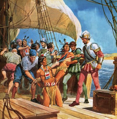 レッドスキン作戦。 1605年、フェルディナンド渓谷卿はアメリカに渡航し、5人のインディアンを誘拐して、首席裁判長がアメリカ先住民についてさらに学ぶことができるようにしました。 作： English School