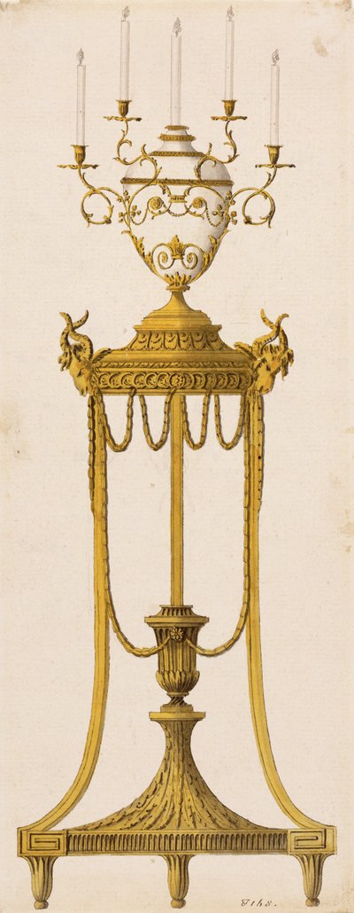 三脚とキャンドル用の花瓶のオリジナルデザイン、「Works in Architecture」、Robert and J. Adam作、1773年 作： English School