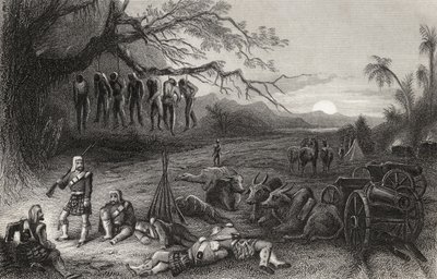 1858年に出版された「インディアン反乱の歴史」からの、ベナレスのハイランド旅団の外れのピケット 作： English School