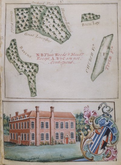 8ページ、ジョン・プランピンの地所の調査、Esq。、1774年（紙にペンとインク、トイレとガッシュ付き） 作： English School