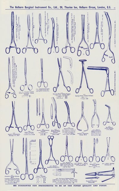 1900年頃の手術器具カタログのページ(リトグラフ) 作： English School