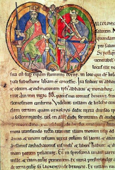 デービッド 1 世 (1084-1153) と孫のマルコム 4 世 (1141-65) を描いたイニシャルが照らされたケルソー修道院憲章のページ (1159 年) (ベラム) 作： English School