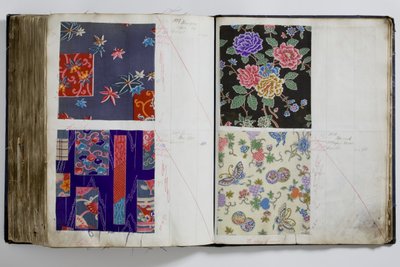1887年から94年の日付が手書きで記されたテキスタイルサンプル集のページ（紙にペンとインク、テキスタイル 作： English School