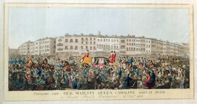 全景。 1820年11月20日、パブのセントポール大聖堂に行く女王キャロライン女王1821（紙にアクアチント） 作： English School