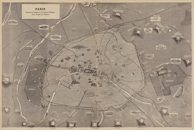 パリ、主要な建物、砦、村、鉄道の位置を示す（彫刻 作： English School