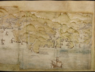 ランズエンドからエクスマウスまでの海岸のパノラマ地図の一部、1539年頃（紙にペンとインクでウォッシュ） 作： English School