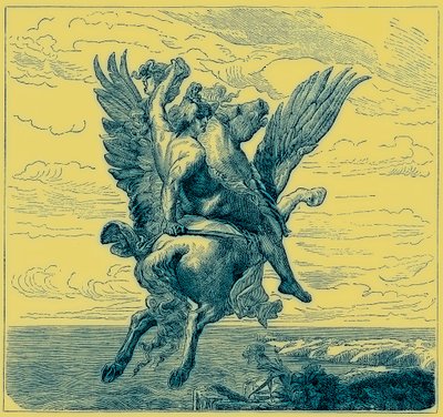 翼のある馬ペガサスに乗ったペルセウスとメデューサの頭 1880年頃に出版された「The Illustrated History of the World」のイラスト（デジタル拡張画像 作： English School