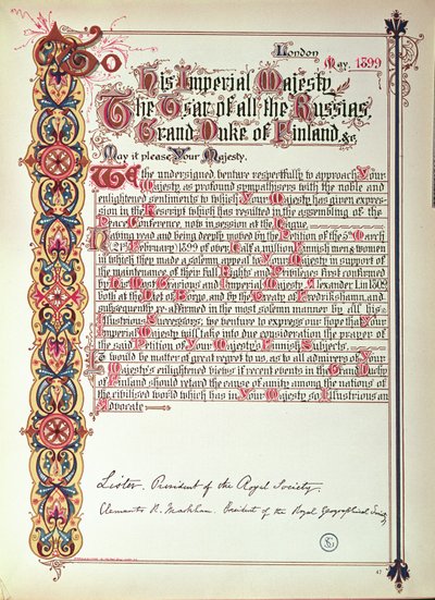 1899年のロシアのロシア化に抗議してロシアの皇帝ニコラス2世への請願（照らされた紙） 作： English School