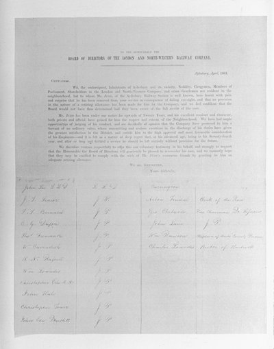 1861年、視力障害のために解雇された従業員に代わってロンドンおよびノースウェスタン鉄道会社の取締役への請願 作： English School