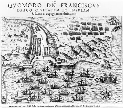 フランシスドレイク（c.1540-96）がサンジェイコブ島を襲撃し、保持した方法を示す計画 作： English School