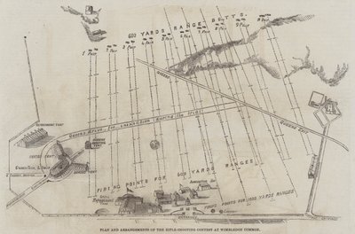 ウィンブルドンコモンで行われたライフル射撃大会の計画と段取り（彫刻 作： English School