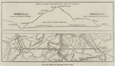 モン・セニス・トンネルの平面図と断面図（彫刻 作： English School