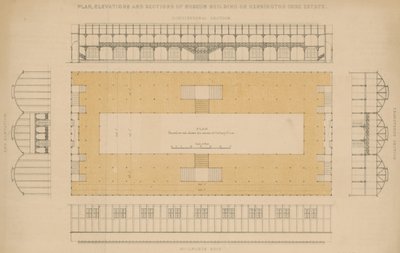 ケンジントンゴアエステートの美術館の建物の平面図、立面図、断面図 作： English School