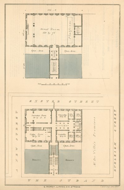 エクセターチェンジ付近でストランドの拡張が提案されている当時の建物の計画 作： English School