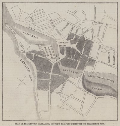 最近の火事で破壊された部分を示す、バーバドーズのブリッジタウンの平面図（彫刻 作： English School