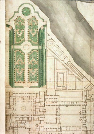ハンプトンコートとその庭園の計画、1714年頃（紙にペンとインク、トイレ） 作： English School