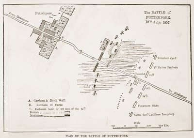 1857年7月12日、カッセルズのイラスト入りイングランド史からのフッテポアの戦いの計画 作： English School