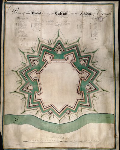 東インド会社の要塞倉庫であるカルカッタとフォートウィリアムのシタデルの平面図、1750年頃（紙にペン＆インク＆水彩） 作： English School