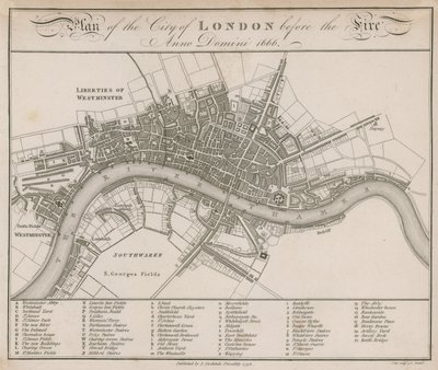1666年の火災前のロンドン市の計画 作： English School