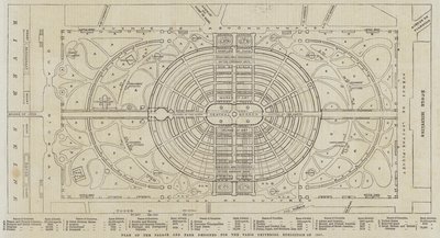 1867年のパリ万国博覧会のために設計された宮殿と公園の平面図（エングレービング 作： English School