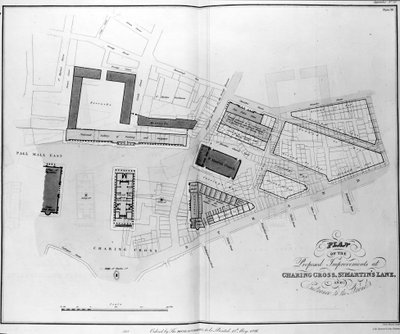セントマーティンズレーンのチャリングクロスとストランドへの入り口で提案された改善計画、1826年 作： English School