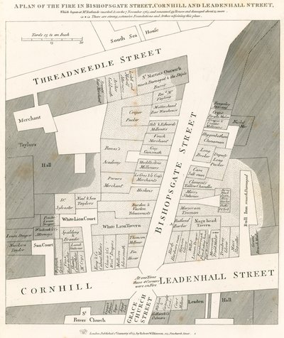 1765年11月7日に始まったロンドンのコーンヒルビショップスゲートストリートとリーデンホールストリートの火災の計画 作： English School