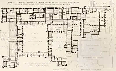 ヘンリー8世の治世中のハンプトンコート宮殿の主要階の平面図（アーネストローのチューダータイムズのハンプトンコート宮殿の歴史から） 作： English School