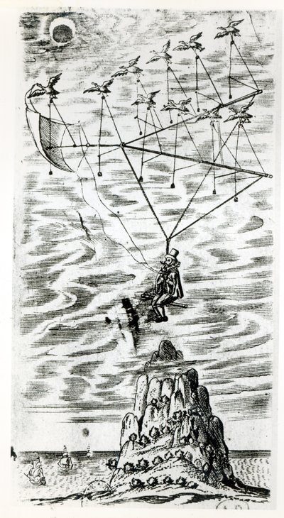 飛行機、月の男の口絵からの図、またはフランシス・ゴドウィン（1562-1633）の迅速な使者であるドミンゴゴンサレスによる旅の談話 作： English School