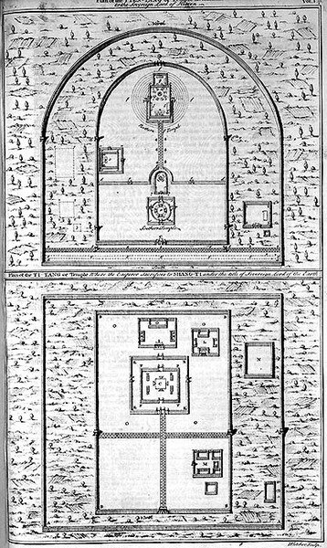 ヘンリー・フレッチャー（fl.1729）による「天主を祀る天壇」と「皇帝が上帝に生け贄を捧げる天壇」の設計図（エングレーヴィング 作： English School