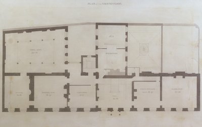 王立研究所による取得後の家の最初の改造後の21 Albemarle Streetの1階の計画、1800年頃（紙に鉛筆とトイレ） 作： English School