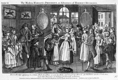 「現代のハーロットの進歩、またはハリエットヒードレスの冒険」からのプレート1、1780年公開 作： English School