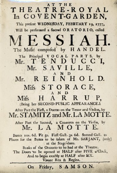 1777年にハンデルのオラトリオ「メサイア」のパフォーマンスを宣伝するPlaybill（印刷された紙） 作： English School